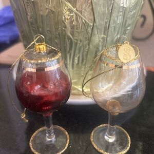Seasons of Canon Falls Wine Glass Christmas Ornaments One Red one White Wine